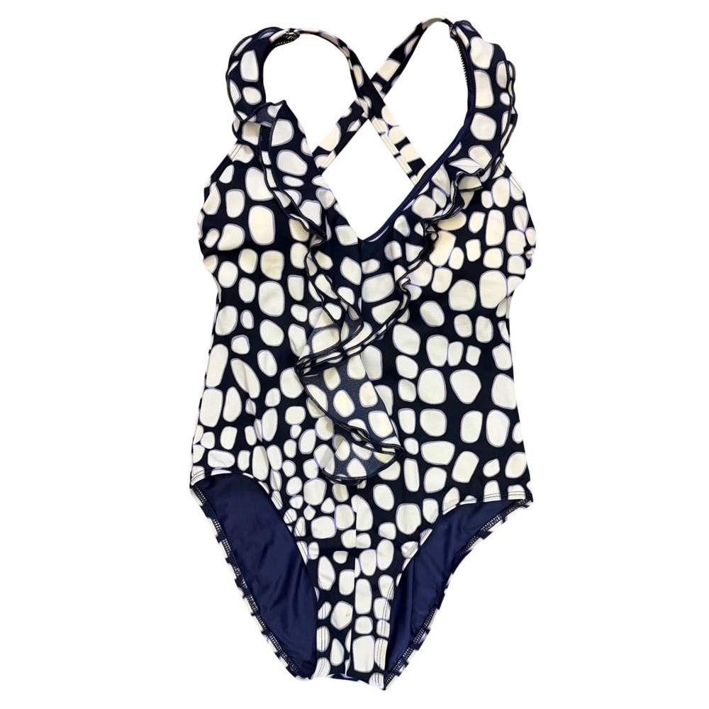 St. John Womens Navy Blue Cream Ruffle Front One Piece Swimsuit Abstract‎ Pebble